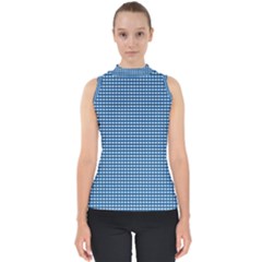 Gingham Plaid Fabric Pattern Blue Mock Neck Shell Top by HermanTelo