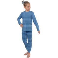 Gingham Plaid Fabric Pattern Blue Kids  Long Sleeve Set 