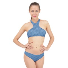 Gingham Plaid Fabric Pattern Blue High Neck Bikini Set