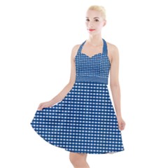 Gingham Plaid Fabric Pattern Blue Halter Party Swing Dress  by HermanTelo