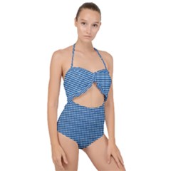 Gingham Plaid Fabric Pattern Blue Scallop Top Cut Out Swimsuit by HermanTelo