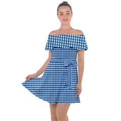 Gingham Plaid Fabric Pattern Blue Off Shoulder Velour Dress