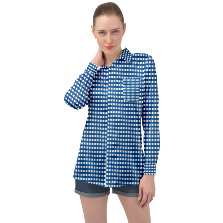 Gingham Plaid Fabric Pattern Blue Long Sleeve Satin Shirt