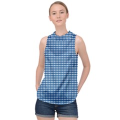 Gingham Plaid Fabric Pattern Blue High Neck Satin Top by HermanTelo