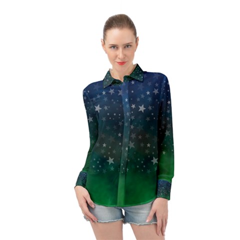 Background Blue Green Stars Night Long Sleeve Chiffon Shirt by HermanTelo