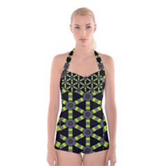 Backgrounds Green Grey Lines Boyleg Halter Swimsuit 