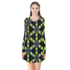 Backgrounds Green Grey Lines Long Sleeve V-neck Flare Dress