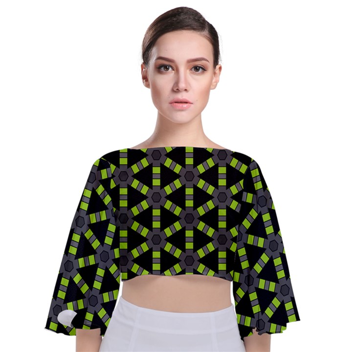 Backgrounds Green Grey Lines Tie Back Butterfly Sleeve Chiffon Top