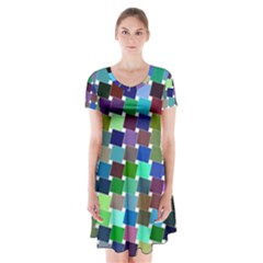 Geometric Background Colorful Short Sleeve V-neck Flare Dress