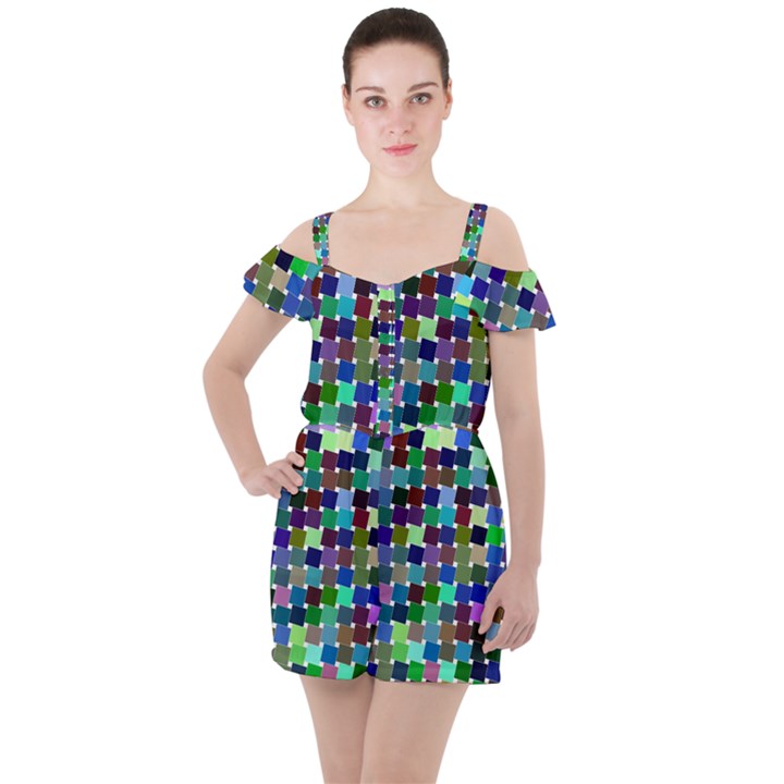 Geometric Background Colorful Ruffle Cut Out Chiffon Playsuit