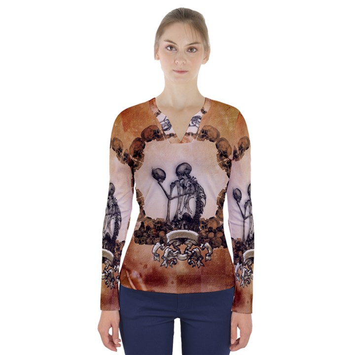 Awesome Skeleton With Skulls V-Neck Long Sleeve Top