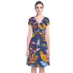 Colorful Birds In Nature Short Sleeve Front Wrap Dress