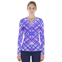 Geometric Plaid Purple Blue V-neck Long Sleeve Top by Mariart