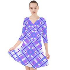 Geometric Plaid Purple Blue Quarter Sleeve Front Wrap Dress