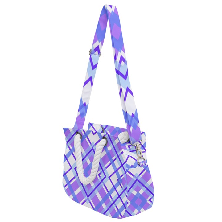 Geometric Plaid Purple Blue Rope Handles Shoulder Strap Bag