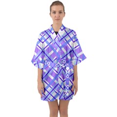 Geometric Plaid Purple Blue Quarter Sleeve Kimono Robe