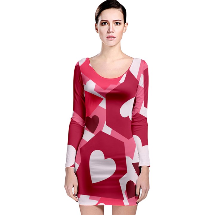 Pink Hearts Pattern Love Shape Long Sleeve Bodycon Dress