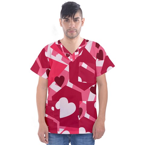 Pink Hearts Pattern Love Shape Men s V-neck Scrub Top by Bajindul