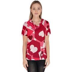 Pink Hearts Pattern Love Shape Women s V-neck Scrub Top by Bajindul