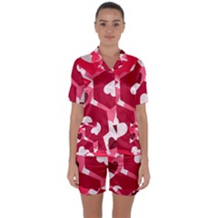 Pink Hearts Pattern Love Shape Satin Short Sleeve Pyjamas Set by Bajindul