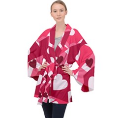 Pink Hearts Pattern Love Shape Velvet Kimono Robe by Bajindul