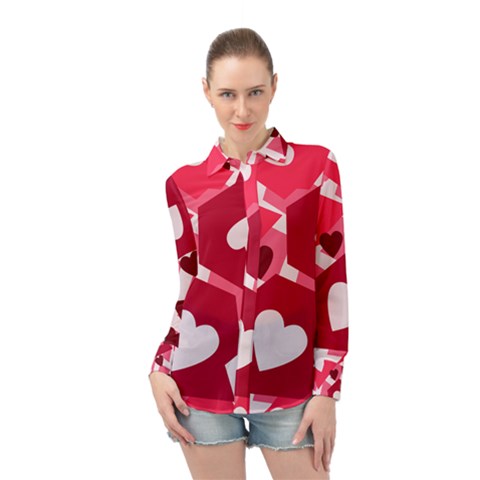 Pink Hearts Pattern Love Shape Long Sleeve Chiffon Shirt by Bajindul