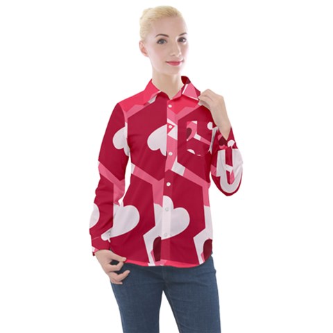 Pink Hearts Pattern Love Shape Women s Long Sleeve Pocket Shirt by Bajindul