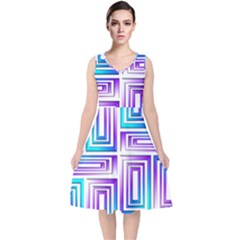 Geometric Metallic Aqua Purple V-neck Midi Sleeveless Dress 