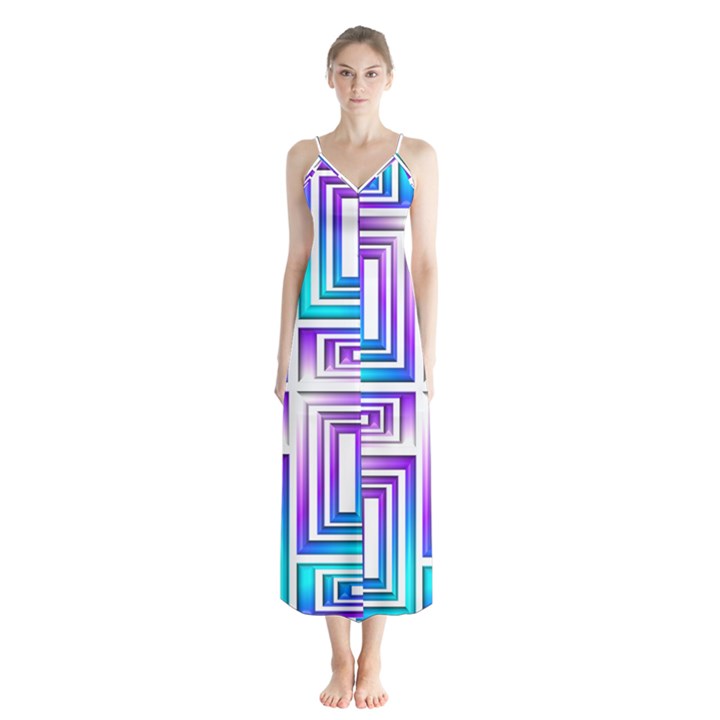 Geometric Metallic Aqua Purple Button Up Chiffon Maxi Dress