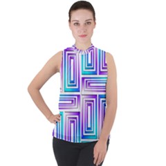 Geometric Metallic Aqua Purple Mock Neck Chiffon Sleeveless Top by HermanTelo