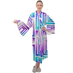 Geometric Metallic Aqua Purple Maxi Tie Front Velour Kimono