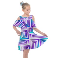 Geometric Metallic Aqua Purple Kids  Shoulder Cutout Chiffon Dress