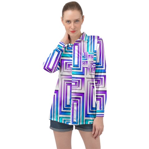 Geometric Metallic Aqua Purple Long Sleeve Satin Shirt by HermanTelo