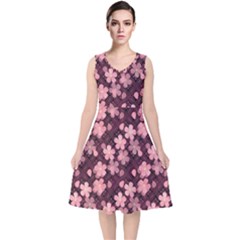 Cherry Blossoms Japanese V-neck Midi Sleeveless Dress 