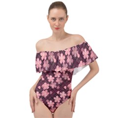 Cherry Blossoms Japanese Off Shoulder Velour Bodysuit  by HermanTelo