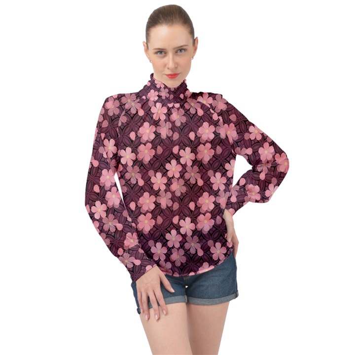 Cherry Blossoms Japanese High Neck Long Sleeve Chiffon Top