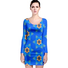 Pattern Backgrounds Blue Star Long Sleeve Bodycon Dress