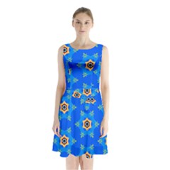 Pattern Backgrounds Blue Star Sleeveless Waist Tie Chiffon Dress