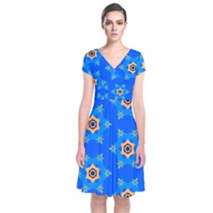 Pattern Backgrounds Blue Star Short Sleeve Front Wrap Dress