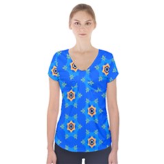 Pattern Backgrounds Blue Star Short Sleeve Front Detail Top