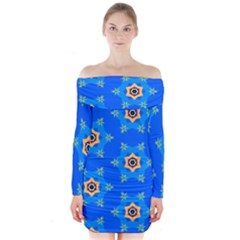 Pattern Backgrounds Blue Star Long Sleeve Off Shoulder Dress by HermanTelo