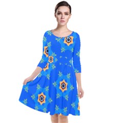 Pattern Backgrounds Blue Star Quarter Sleeve Waist Band Dress by HermanTelo