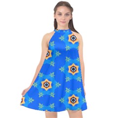 Pattern Backgrounds Blue Star Halter Neckline Chiffon Dress 