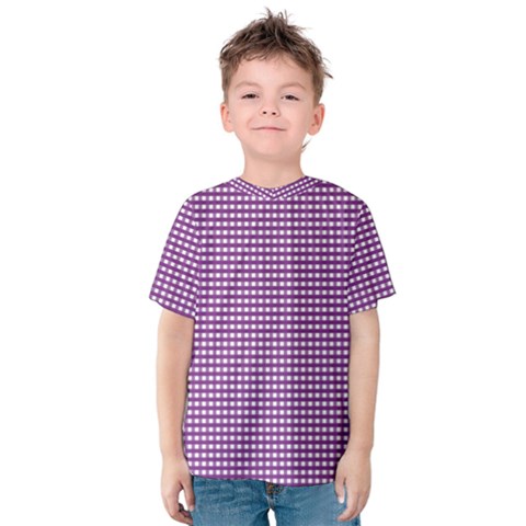 Gingham Plaid Fabric Pattern Purple Kids  Cotton Tee by HermanTelo