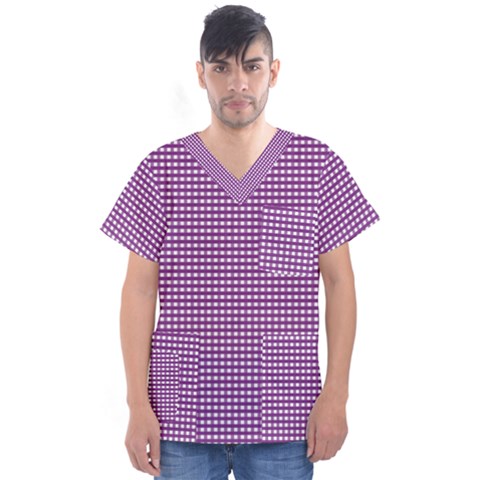 Gingham Plaid Fabric Pattern Purple Men s V-neck Scrub Top by HermanTelo