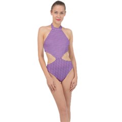 Gingham Plaid Fabric Pattern Purple Halter Side Cut Swimsuit by HermanTelo