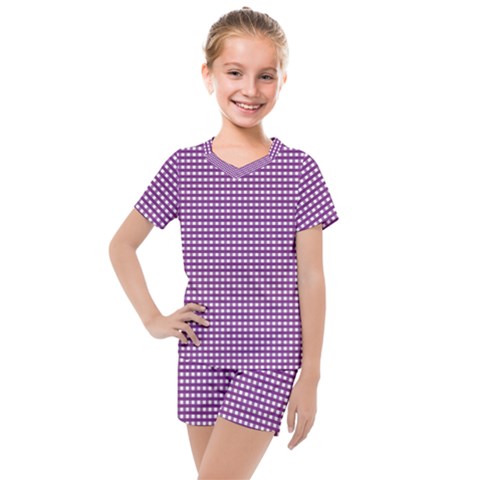 Gingham Plaid Fabric Pattern Purple Kids  Mesh Tee And Shorts Set by HermanTelo