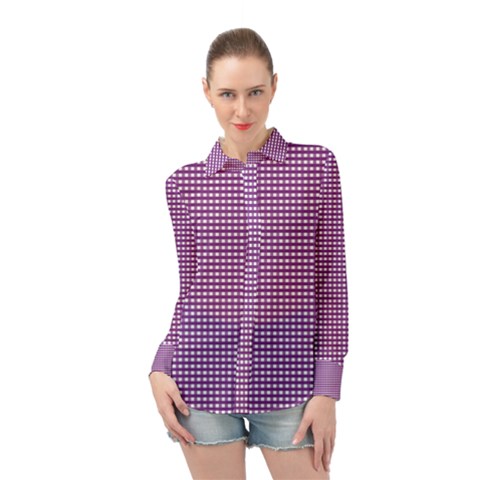 Gingham Plaid Fabric Pattern Purple Long Sleeve Chiffon Shirt by HermanTelo