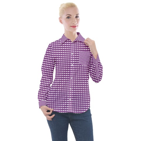 Gingham Plaid Fabric Pattern Purple Women s Long Sleeve Pocket Shirt by HermanTelo