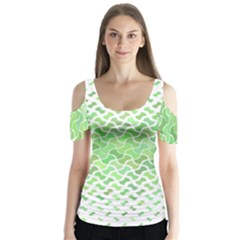 Green Pattern Curved Puzzle Butterfly Sleeve Cutout Tee 